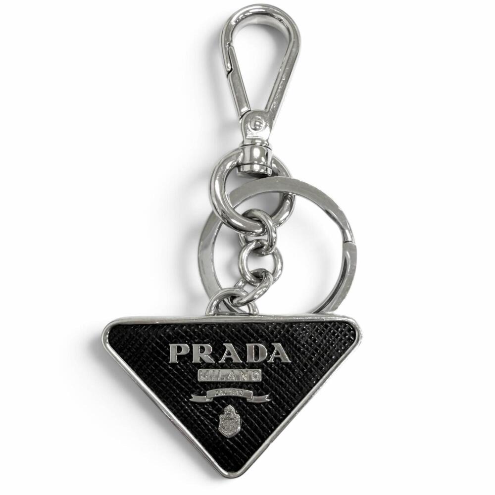 PRADA Triangle Logo Plate Bag Charm Keychain Silver Black Men's Women's Recom...